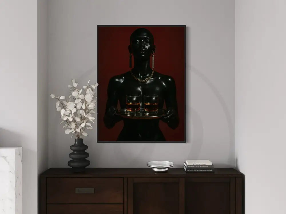 Afrocentric editorial portrait of Black woman with whiskey tray.