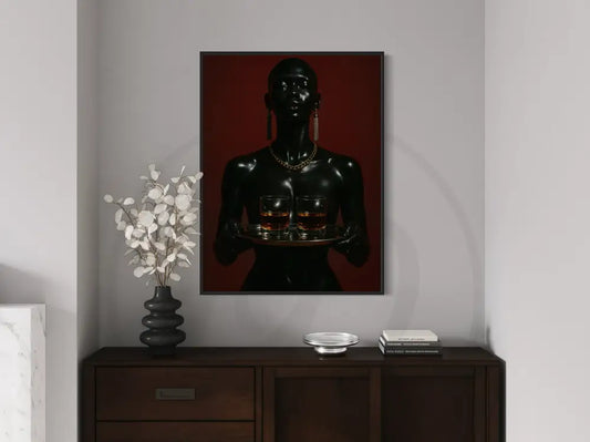 Afrocentric editorial portrait of Black woman with whiskey tray.