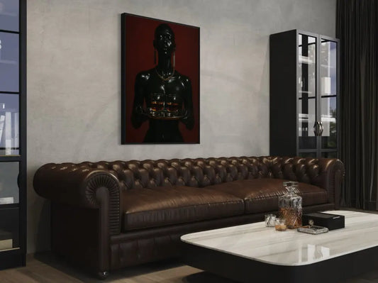 Bold luxury wall art with Black woman holding two glasses of whiskey.