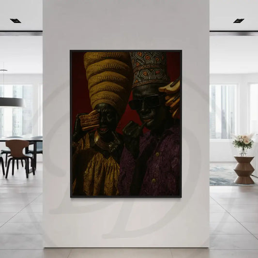 Afrocentric editorial wall art of Black couple with bread phones.