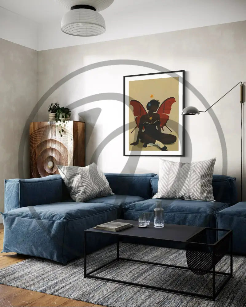 Black woman art print with celestial motifs and elegant composition.