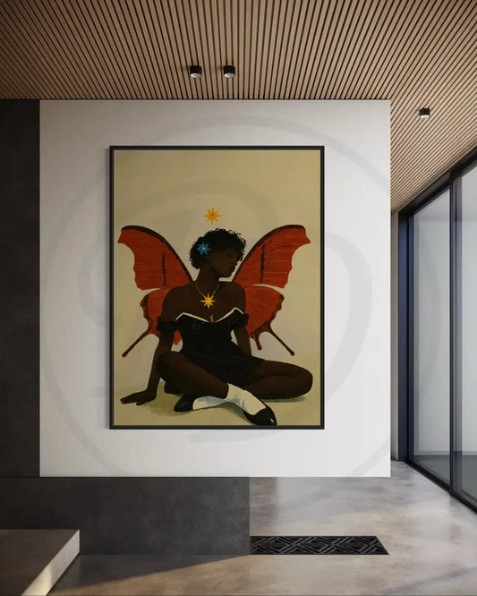 Afrocentric digital wall art of Black woman with red butterfly wings and stars.
