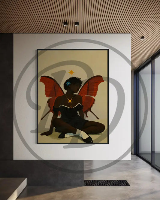 Afrocentric digital wall art of Black woman with red butterfly wings and stars.