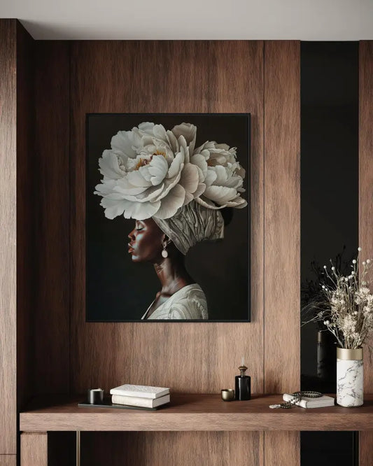 Afrocentric digital wall art of Black woman in profile with floral crown headpiece.