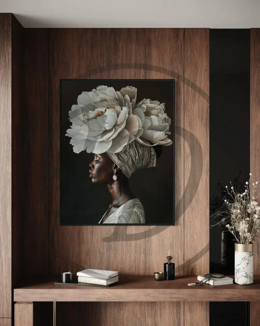 Afrocentric digital wall art of Black woman in profile with floral crown headpiece.