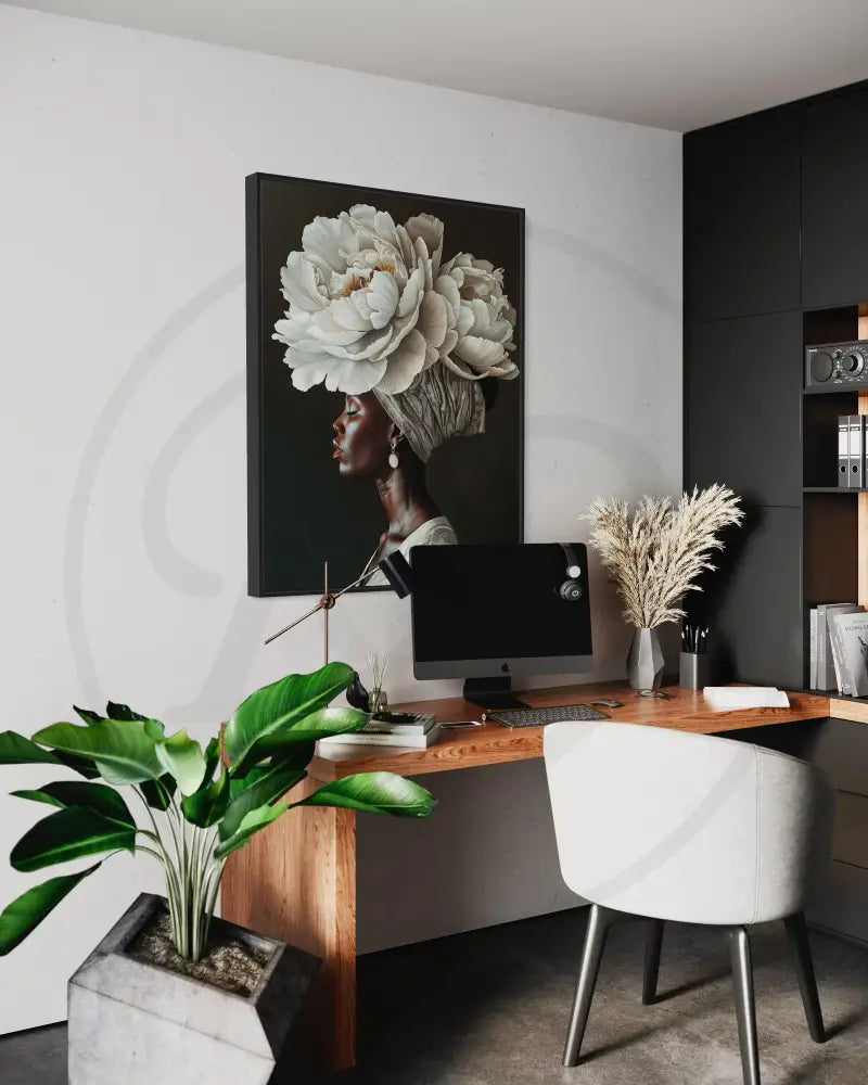 Black woman art print with soft tones and oversized bloom crown.