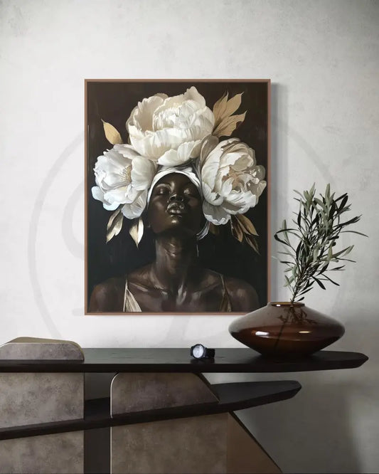 Afrocentric digital wall art of Black woman with floral crown and golden leaves.