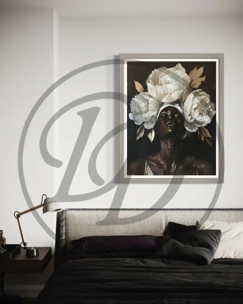 Black woman portrait art print with large blooms and earthy tones.