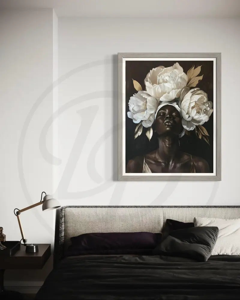 Black woman portrait art print with large blooms and earthy tones.