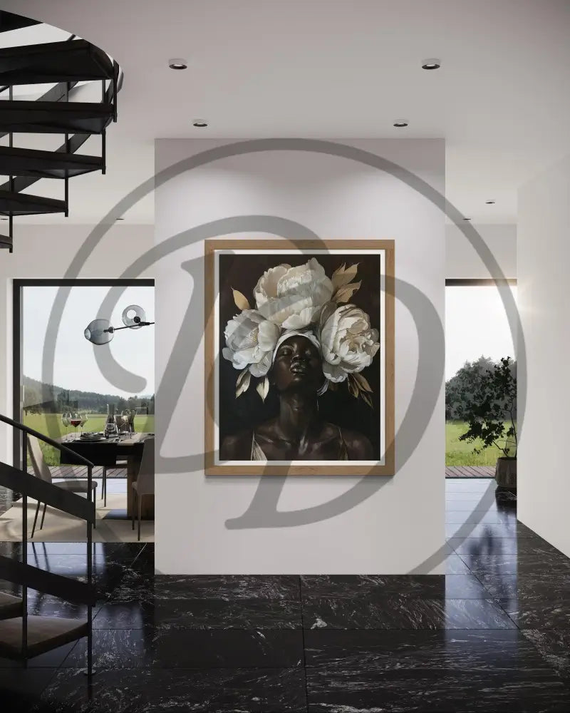 Afrocentric floral crown digital art perfect for bedrooms and living rooms.