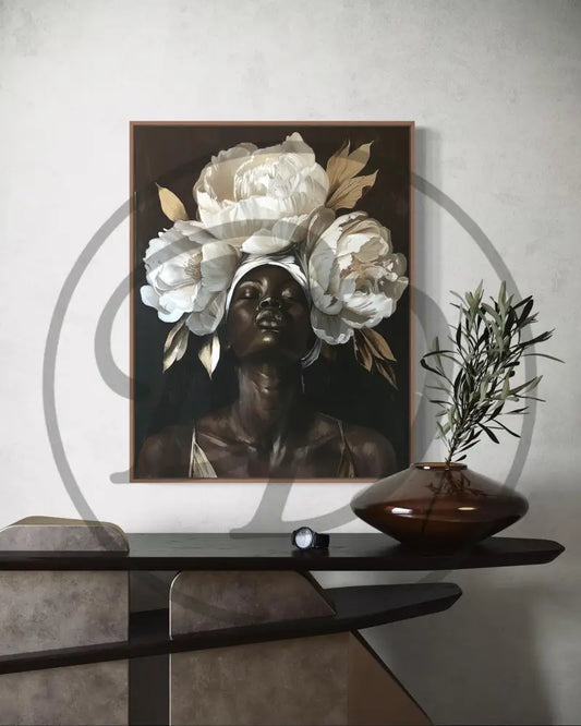 Afrocentric digital wall art of Black woman with floral crown and golden leaves.