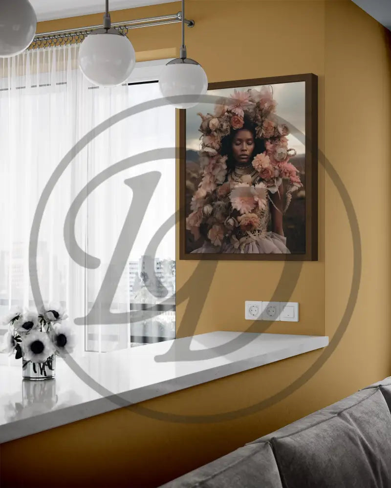 Afrocentric floral fantasy portrait digital art perfect for bedrooms and galleries.
