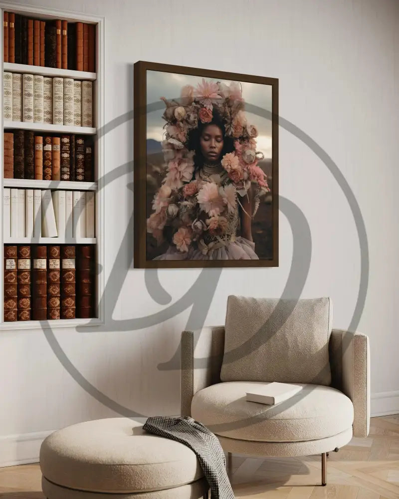 Black woman art print with soft blush flowers and dreamy aesthetic.