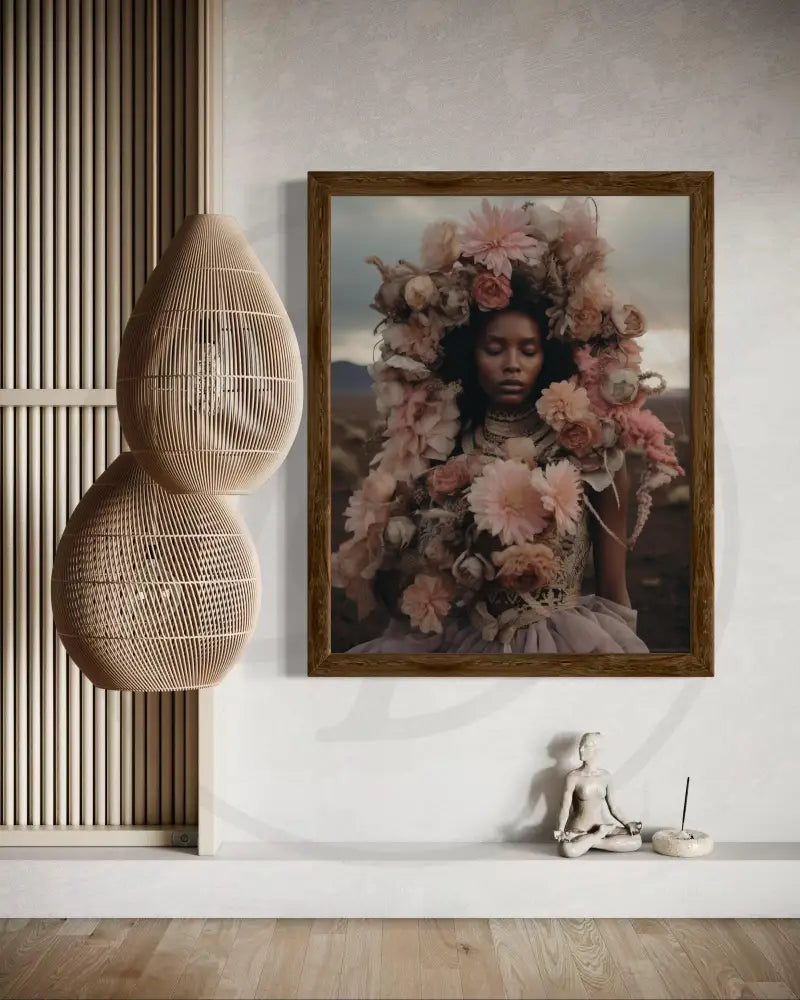 Luxurious Afrocentric floral fantasy artwork for soulful, high-end interiors.