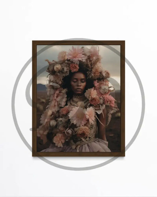 Afrocentric digital wall art of Black woman surrounded by lush flowers.