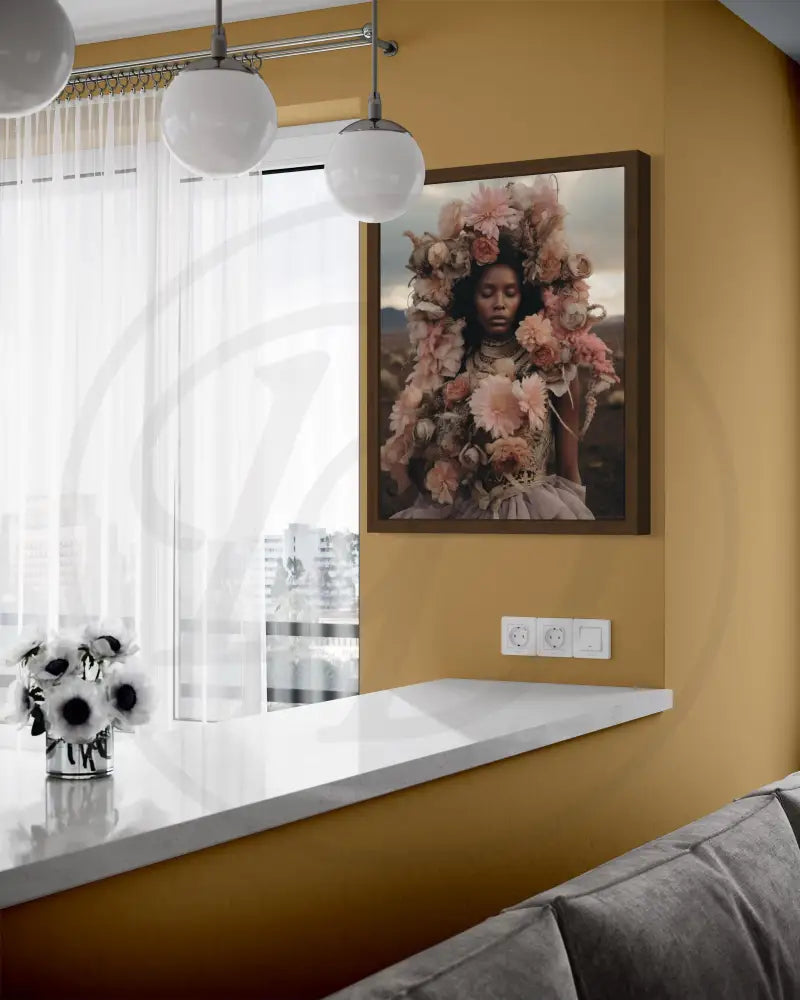 Afrocentric floral fantasy portrait digital art perfect for bedrooms and galleries.