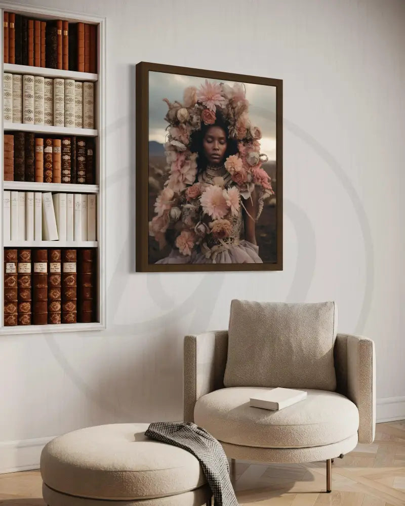 Black woman art print with soft blush flowers and dreamy aesthetic.
