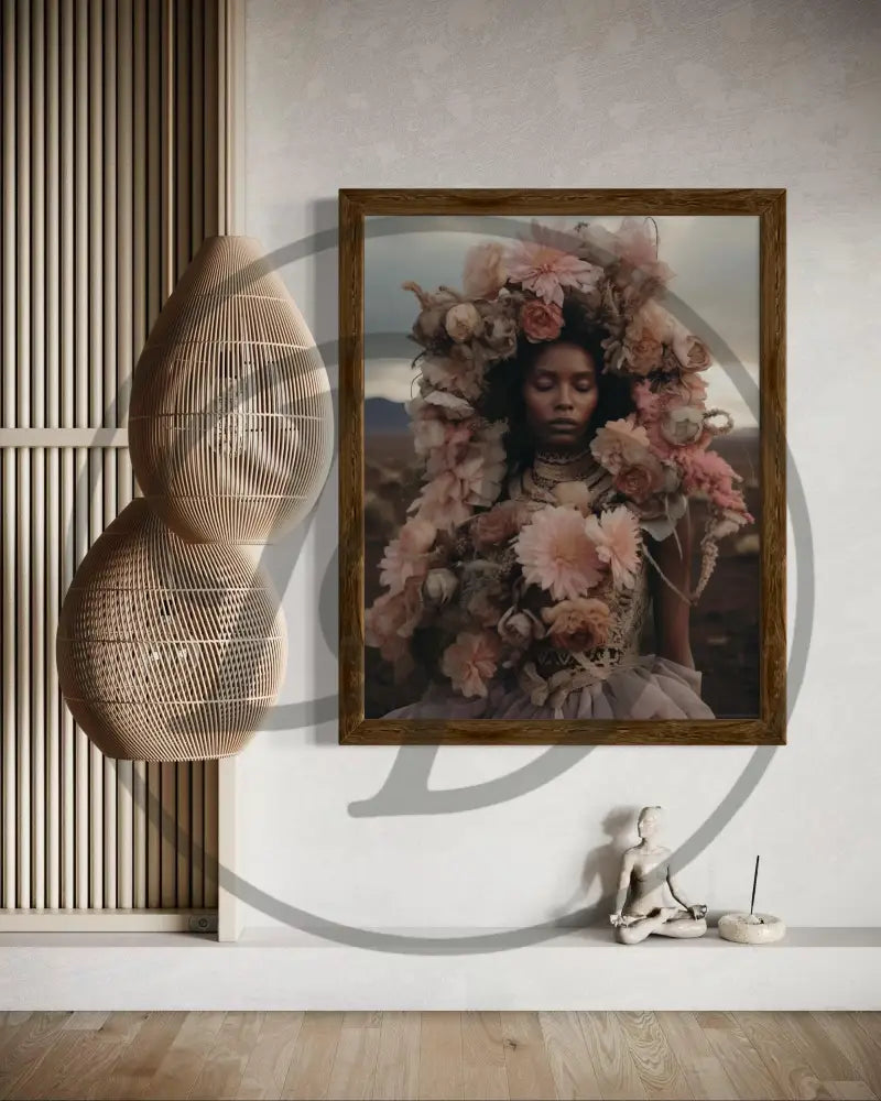 Luxurious Afrocentric floral fantasy artwork for soulful, high-end interiors.