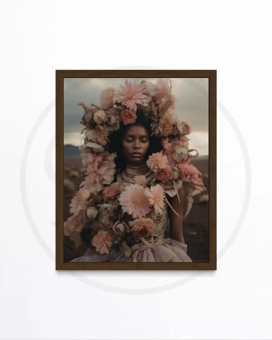 Afrocentric digital wall art of Black woman surrounded by lush flowers.