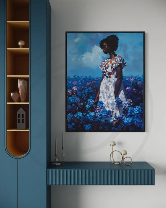 Afrocentric digital wall art of Black woman in vibrant floral field.