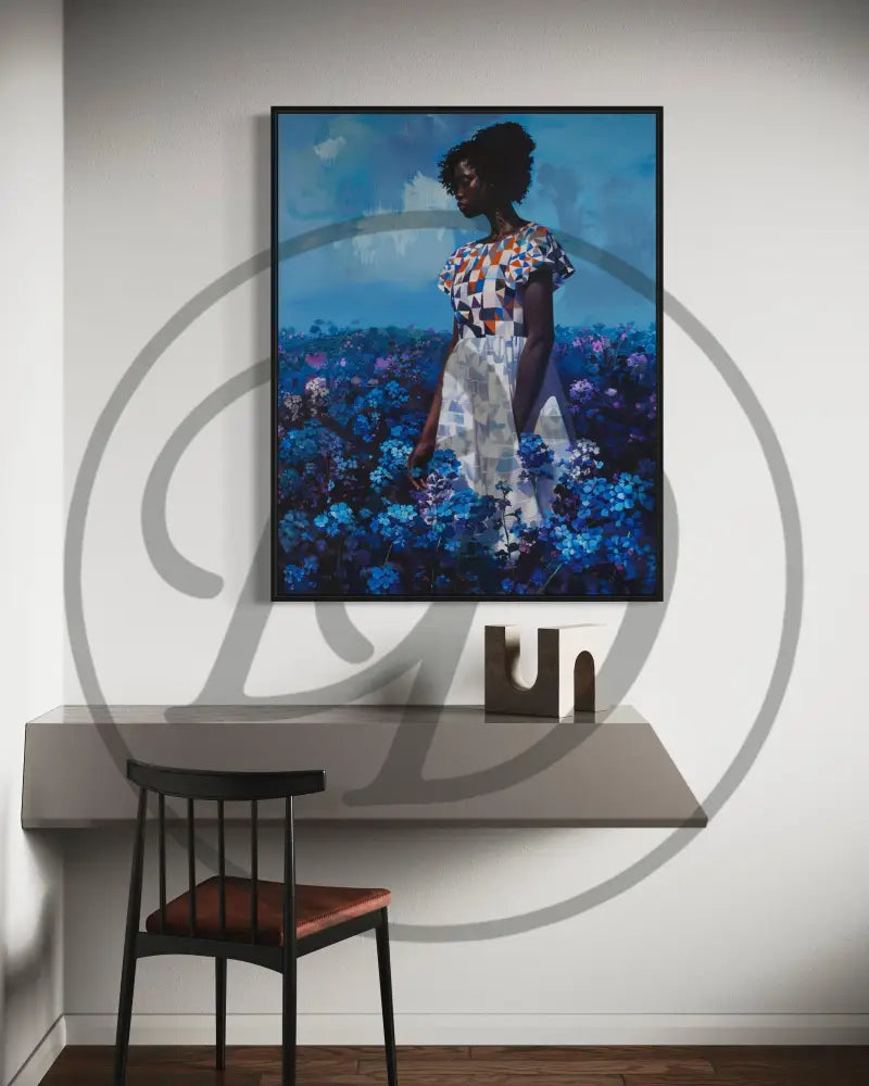 Black woman art print with calming blue tones and dreamy textures.