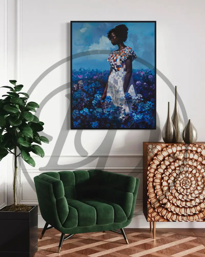 Printable Black woman art with blue flowers and geometric dress.