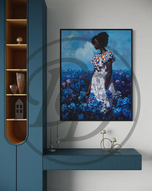 Afrocentric digital wall art of Black woman in vibrant floral field.