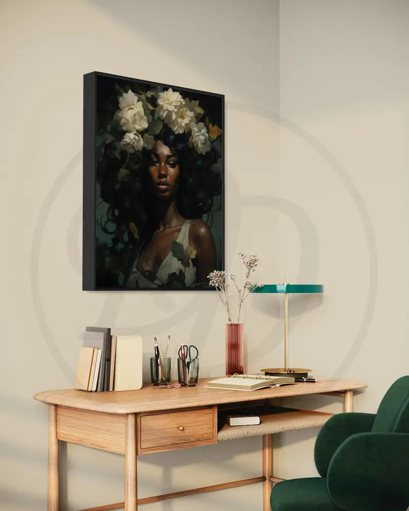 Black woman art print with rich tones and oversized floral accents.