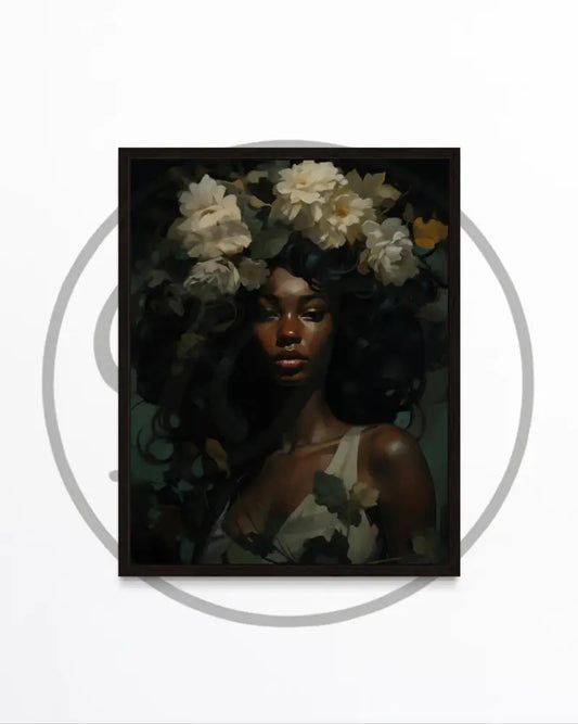 Afrocentric digital wall art of Black woman with lush flowers in her hair.
