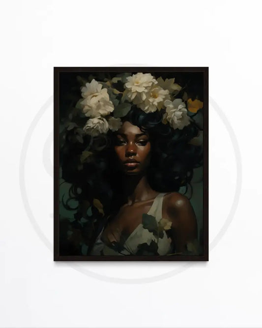 Afrocentric digital wall art of Black woman with lush flowers in her hair.