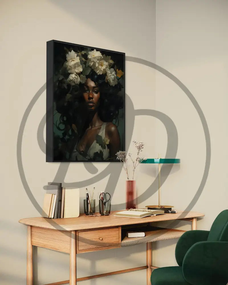 Black woman art print with rich tones and oversized floral accents.