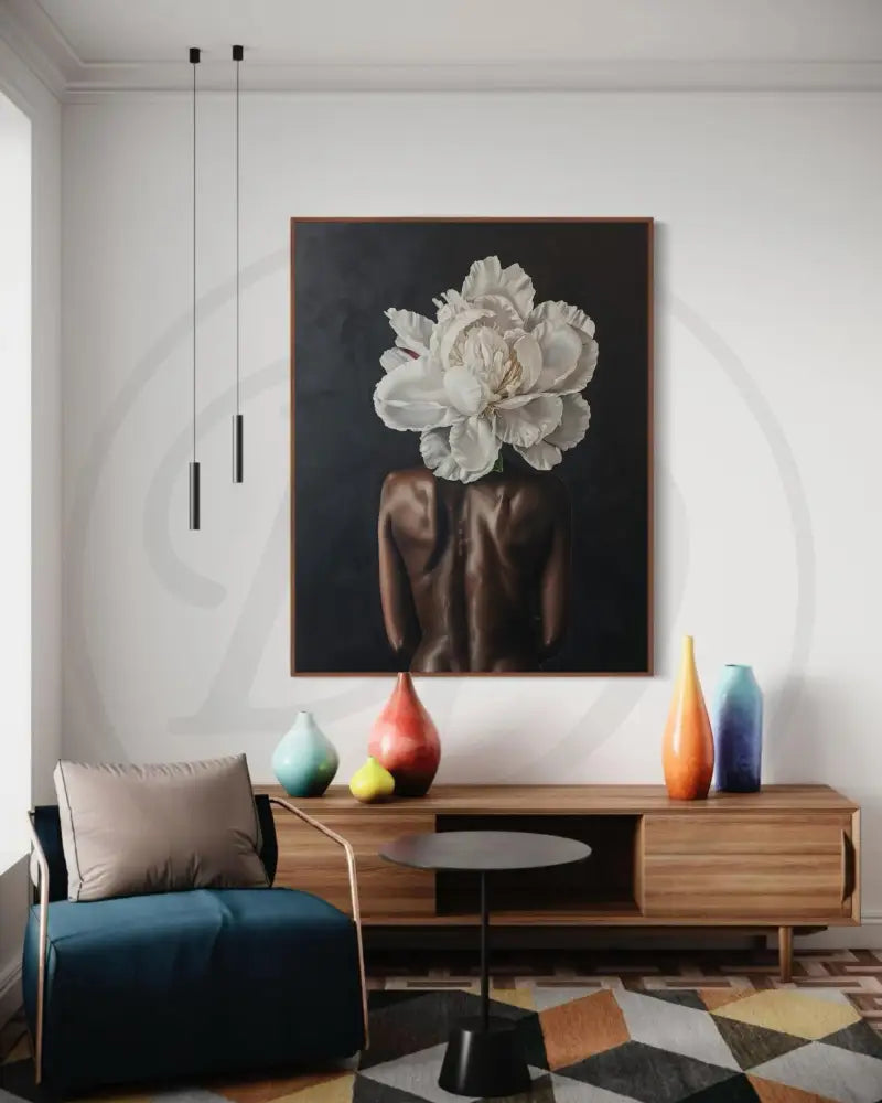 Printable nude artwork of Black woman adorned with large white flower.