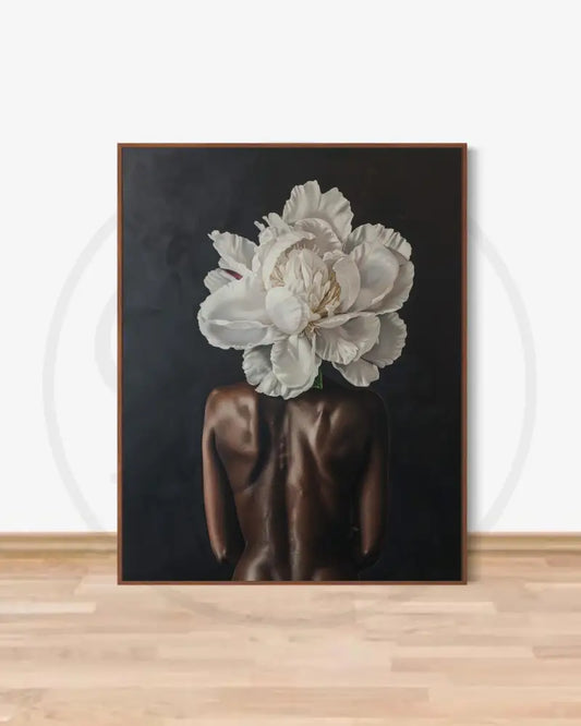 Afrocentric digital wall art of Black woman’s back with floral headpiece.