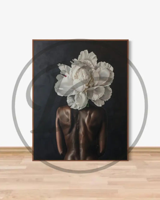 Afrocentric digital wall art of Black woman’s back with floral headpiece.