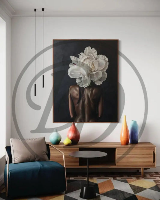 Printable nude artwork of Black woman adorned with large white flower.