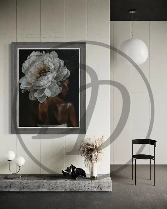Afrocentric back-view portrait of Black woman with white flower crown
