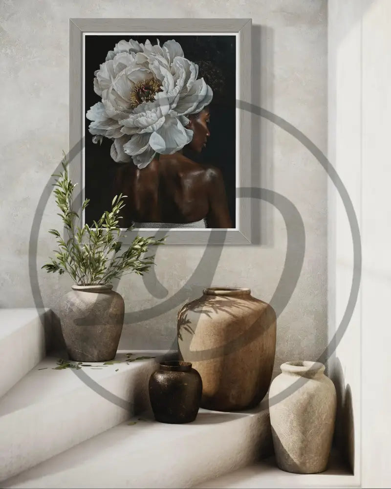 Elegant digital art of Black woman wearing large floral crown