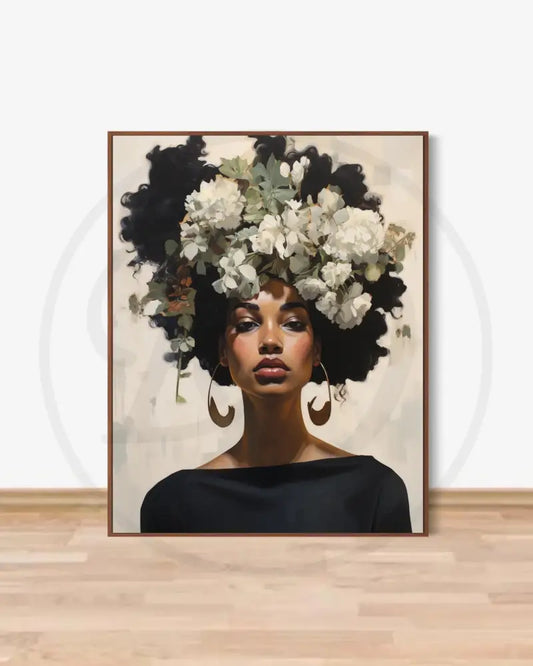Afrocentric digital wall art of Black woman with floral crown and natural hair.