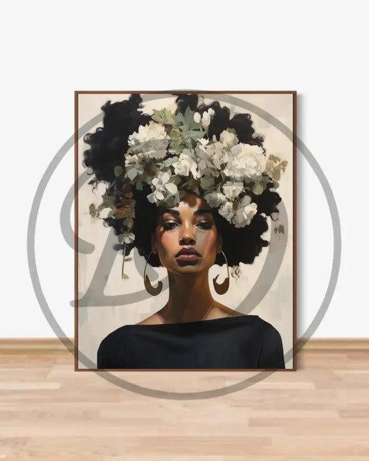 Afrocentric digital wall art of Black woman with floral crown and natural hair.