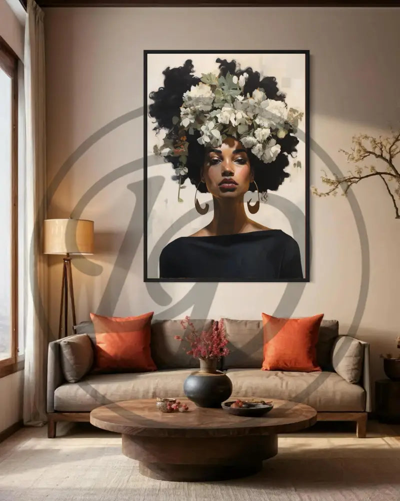 Contemporary Afrocentric digital art of Black woman in floral crown.