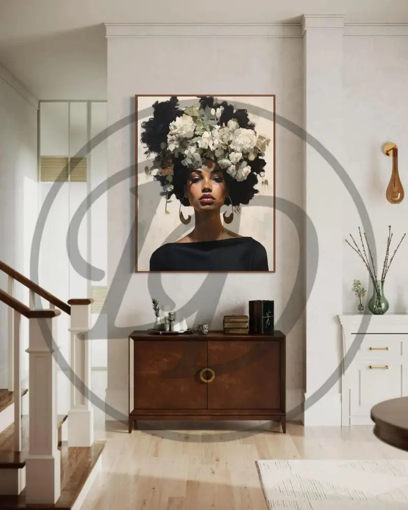 Black woman wall art with lush flowers and earthy tones. Instant digital download.