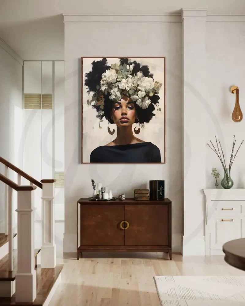 Black woman wall art with lush flowers and earthy tones. Instant digital download.