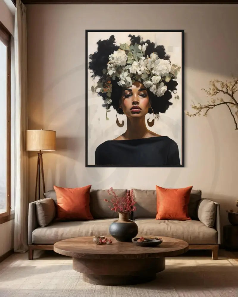 Contemporary Afrocentric digital art of Black woman in floral crown.