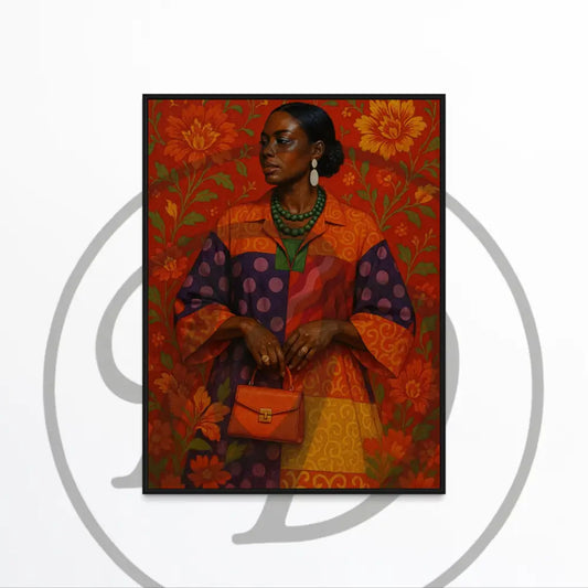 Afrocentric wall art of Black woman in colorful outfit with floral backdrop