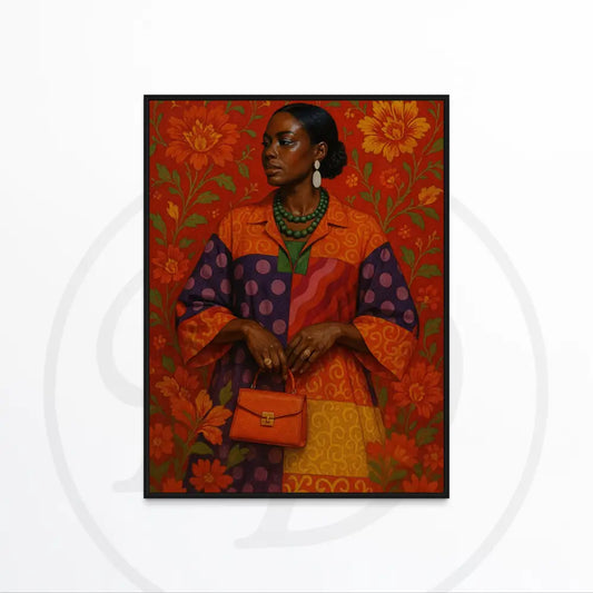Afrocentric wall art of Black woman in colorful outfit with floral backdrop