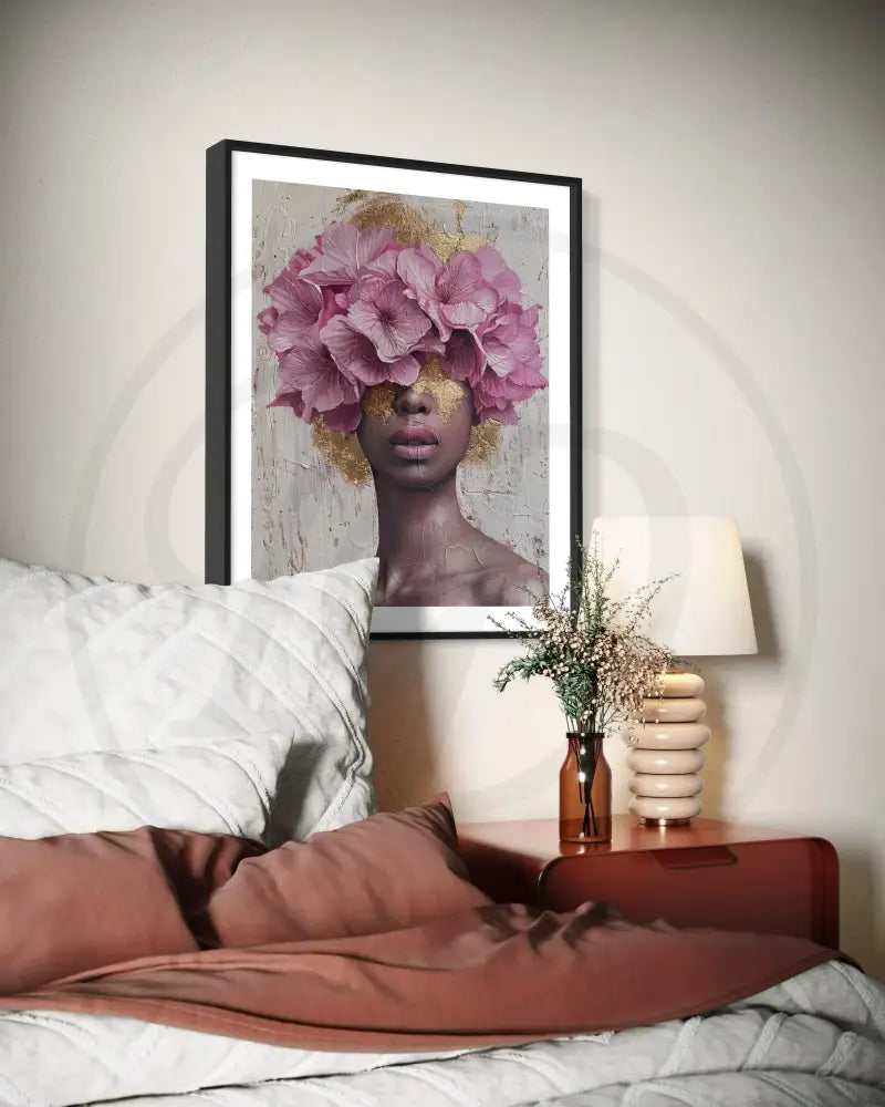Printable wall décor featuring Black woman with blossoms.