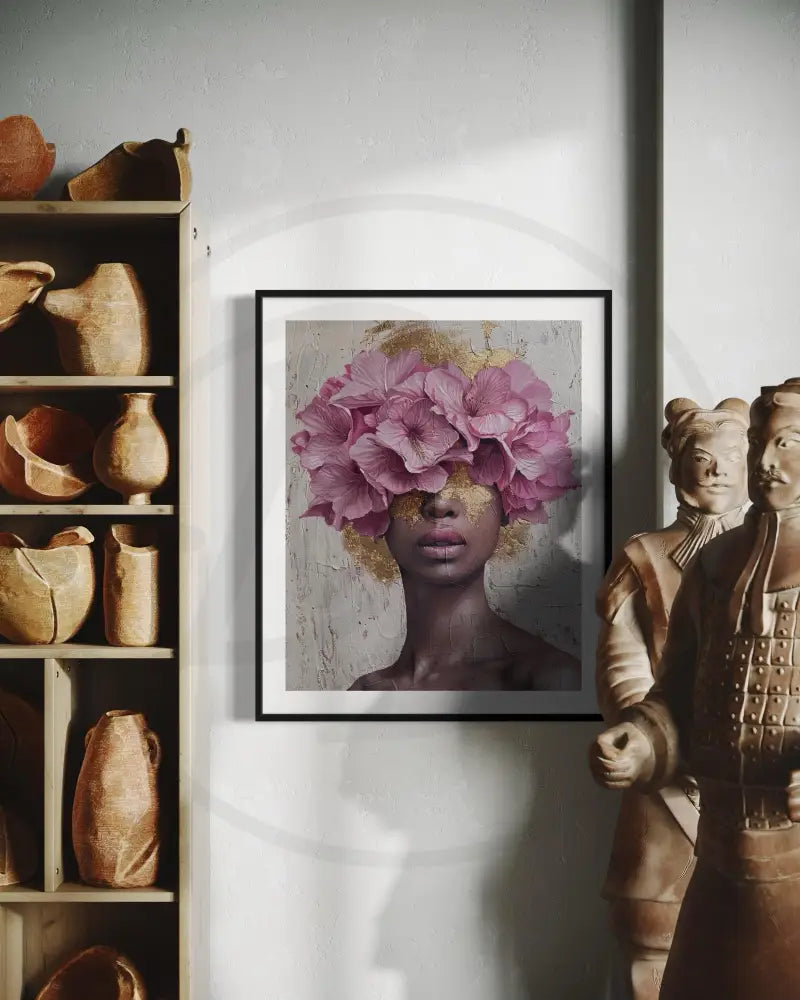 Black woman wall art with elegant pink flower crown.