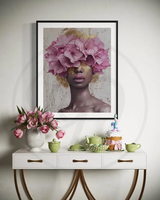 Afrocentric floral wall art of Black woman with pink blossoms.