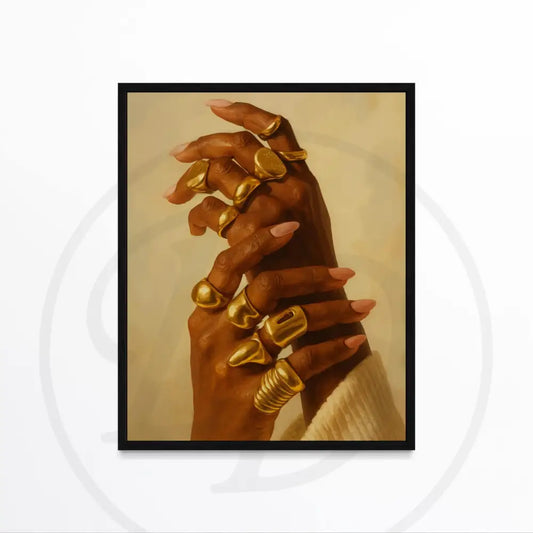 Afrocentric art of Black woman hands with gold rings