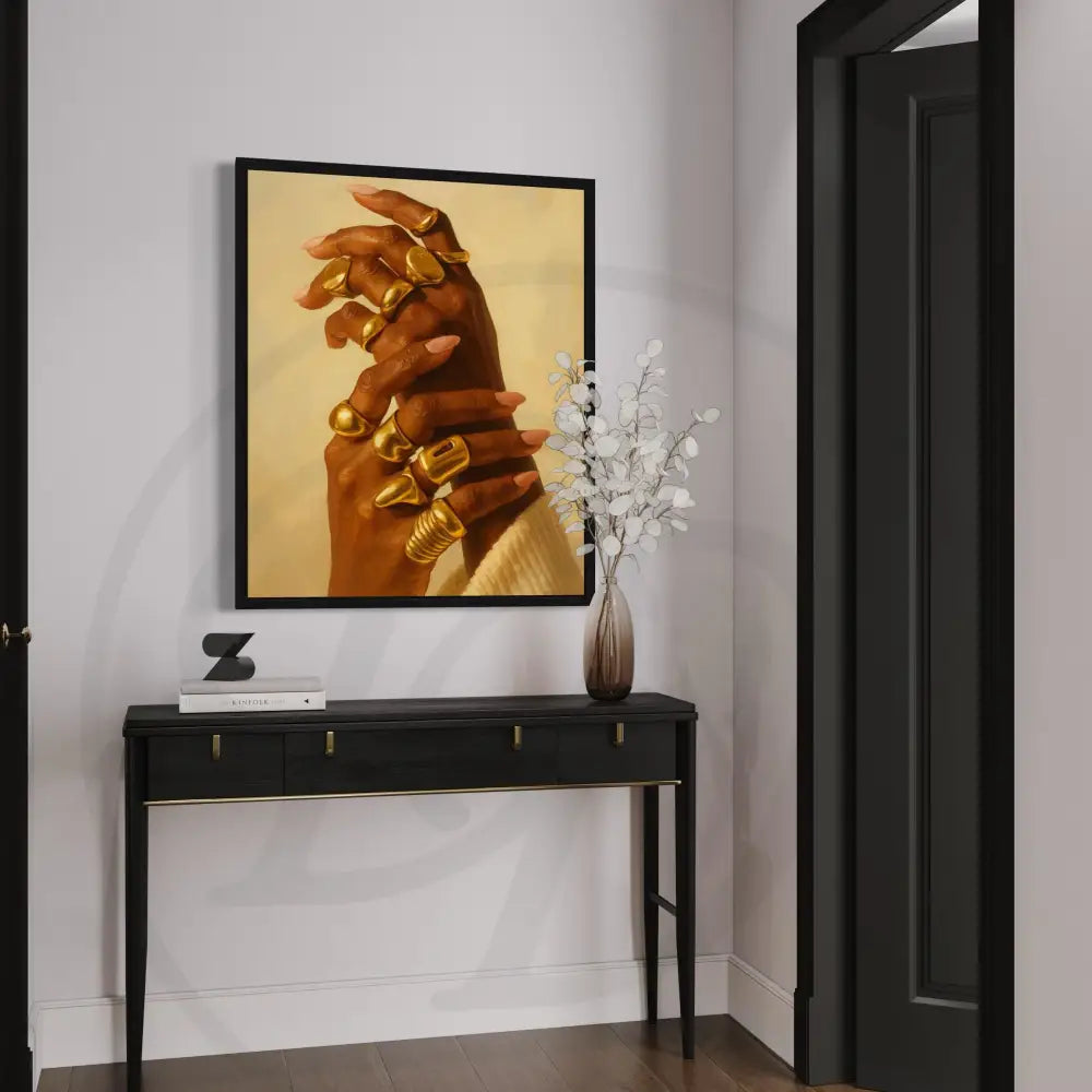 Afrocentric jewelry art print of hands in gold rings